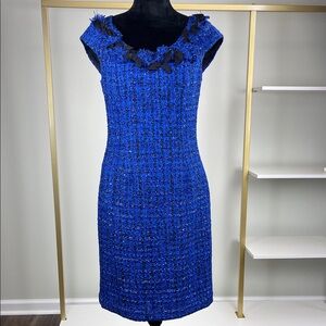 Kay Unger Stunning Blue Tweed Sleeveless Dress with Ribbon Detail Ladies Size 8